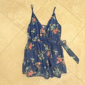 Xhileration Navy Floral Romper Ruffled Off-Shoulder Sleeves Tie Waist Small